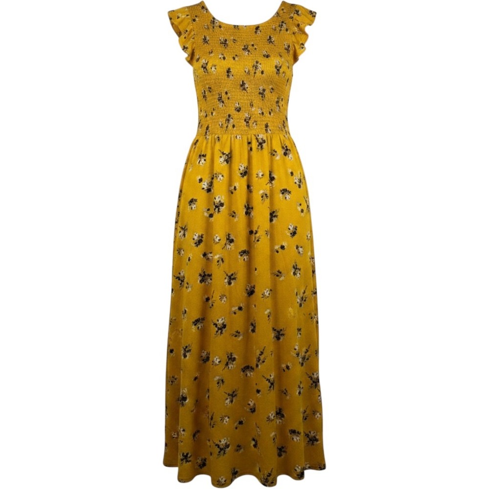 Mustard Yellow Floral Smocked Maxi Dress Flutter Sleeve CGD185338-CT